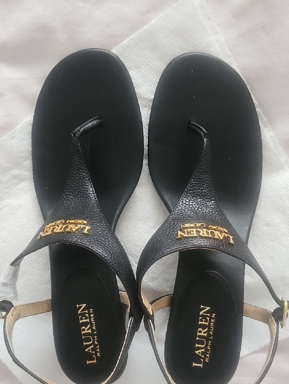 Lauren Ralph Lauren Black Thong Sandals with Gold Logo Accent - Picture 3 of 5